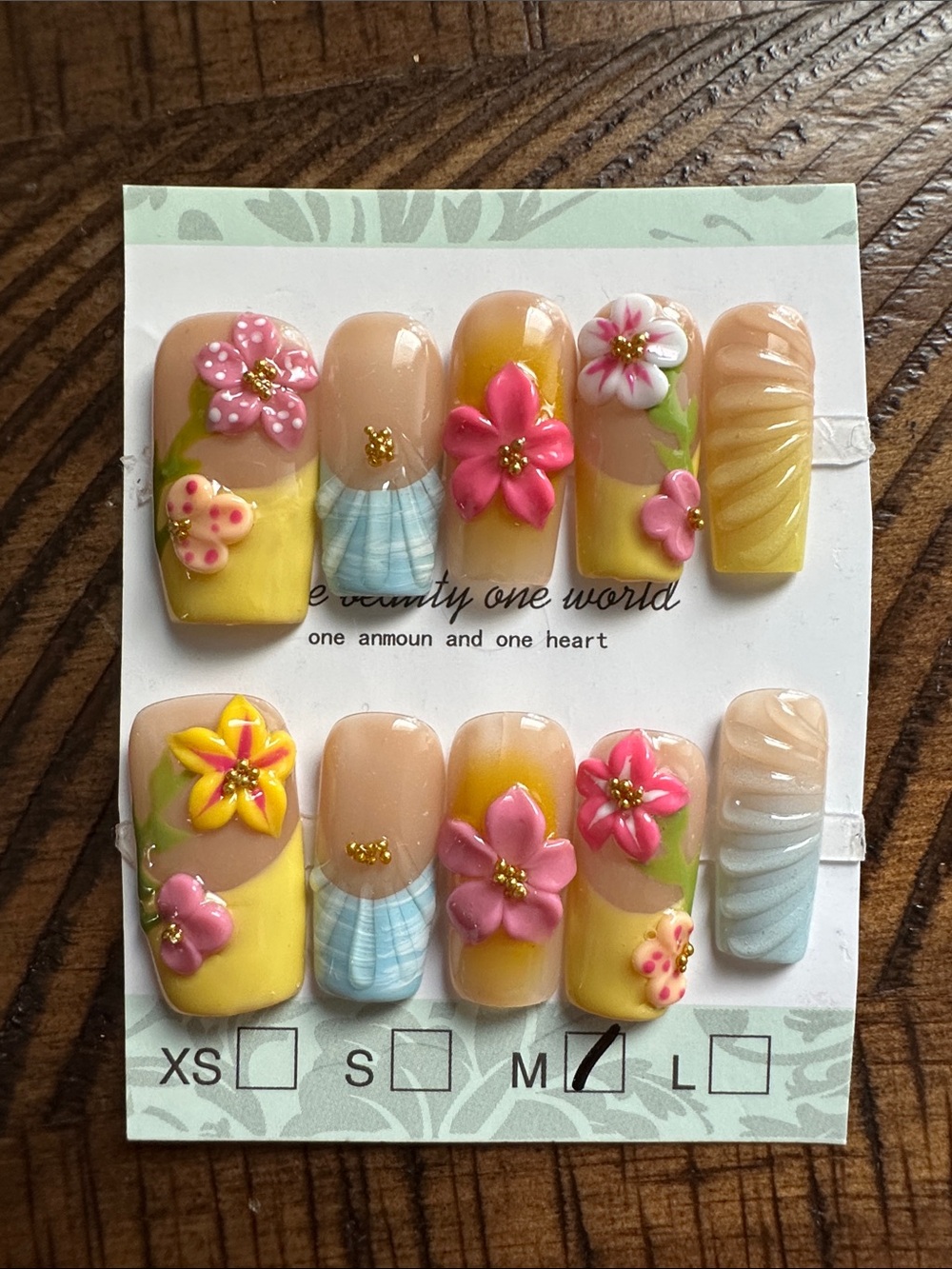 3D Floral Press-On Nails with Yellow Accent